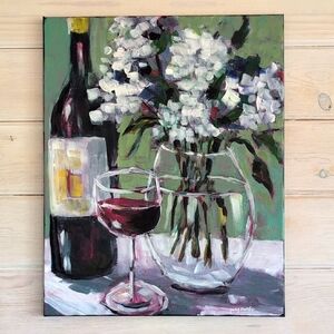Elegant Wine & Floral Still Life Art New Original Acrylic Canvas Painting Signed